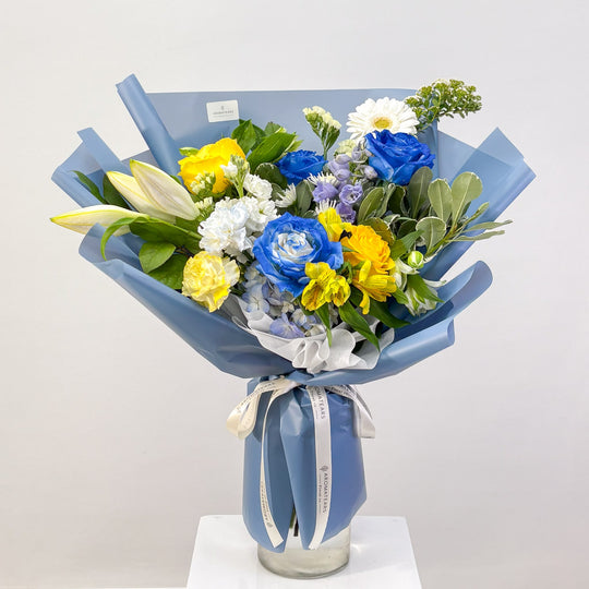 Graduation Special Blue & Yellow - Designer's Choice Fresh Bouquet