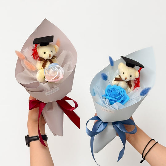 Graduation Single Soap Rose Bouquet w/ Grad Bear (Cone Wrapping)