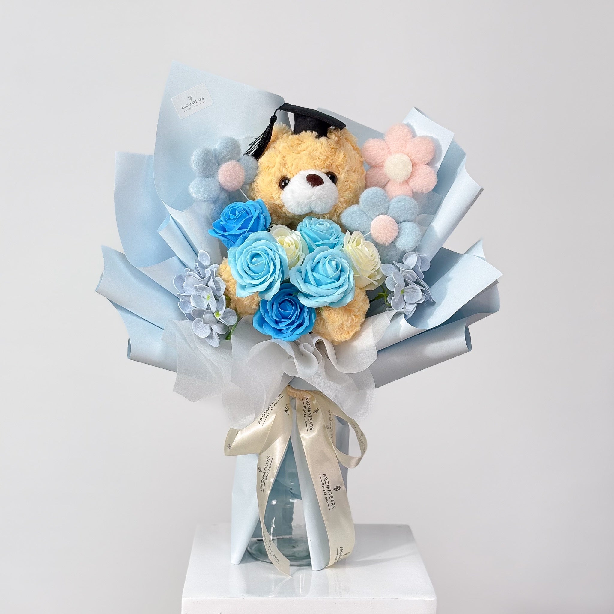 Graduation Special Soap Flowers Bouquet w/ Large Bear