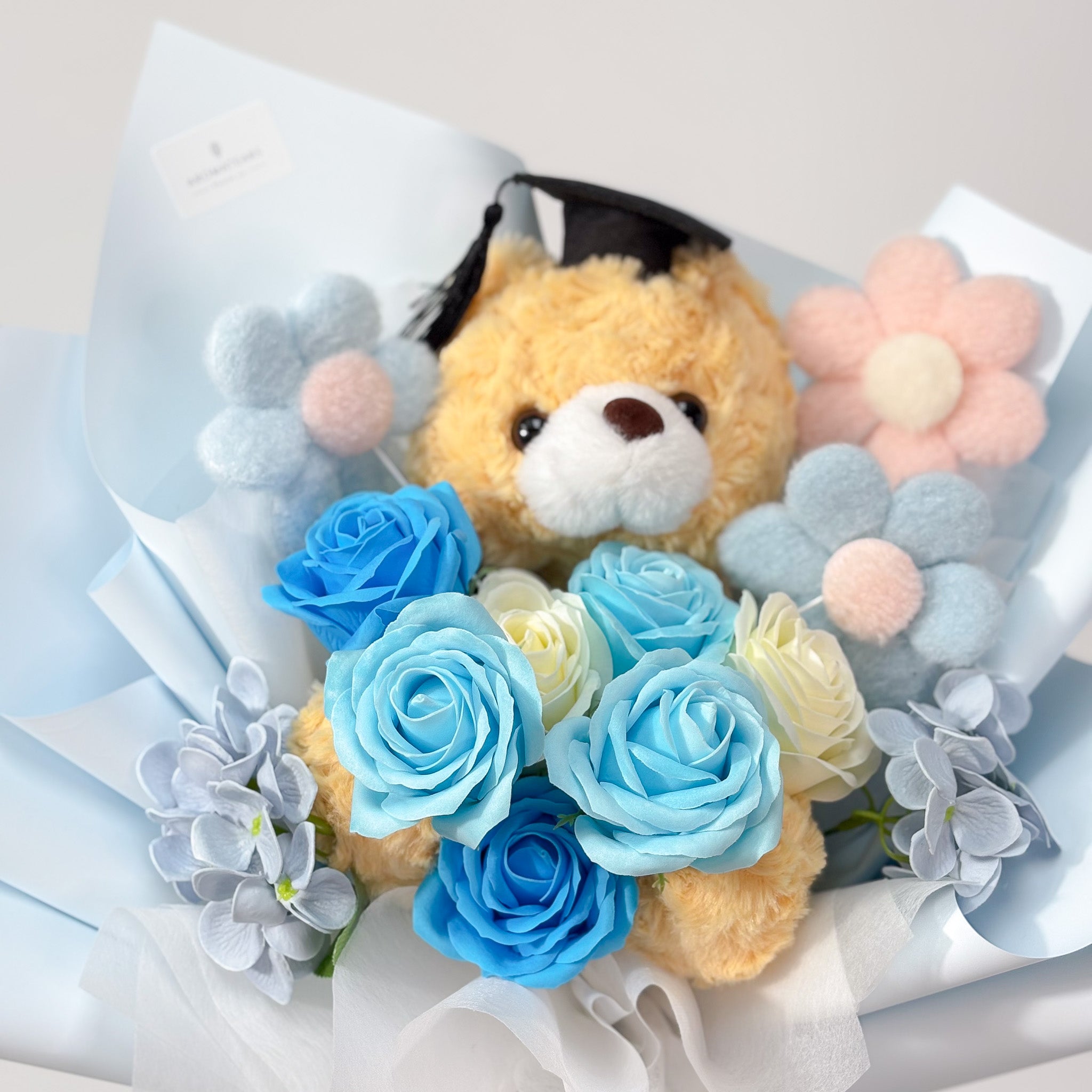 Graduation Special Soap Flowers Bouquet w/ Large Bear