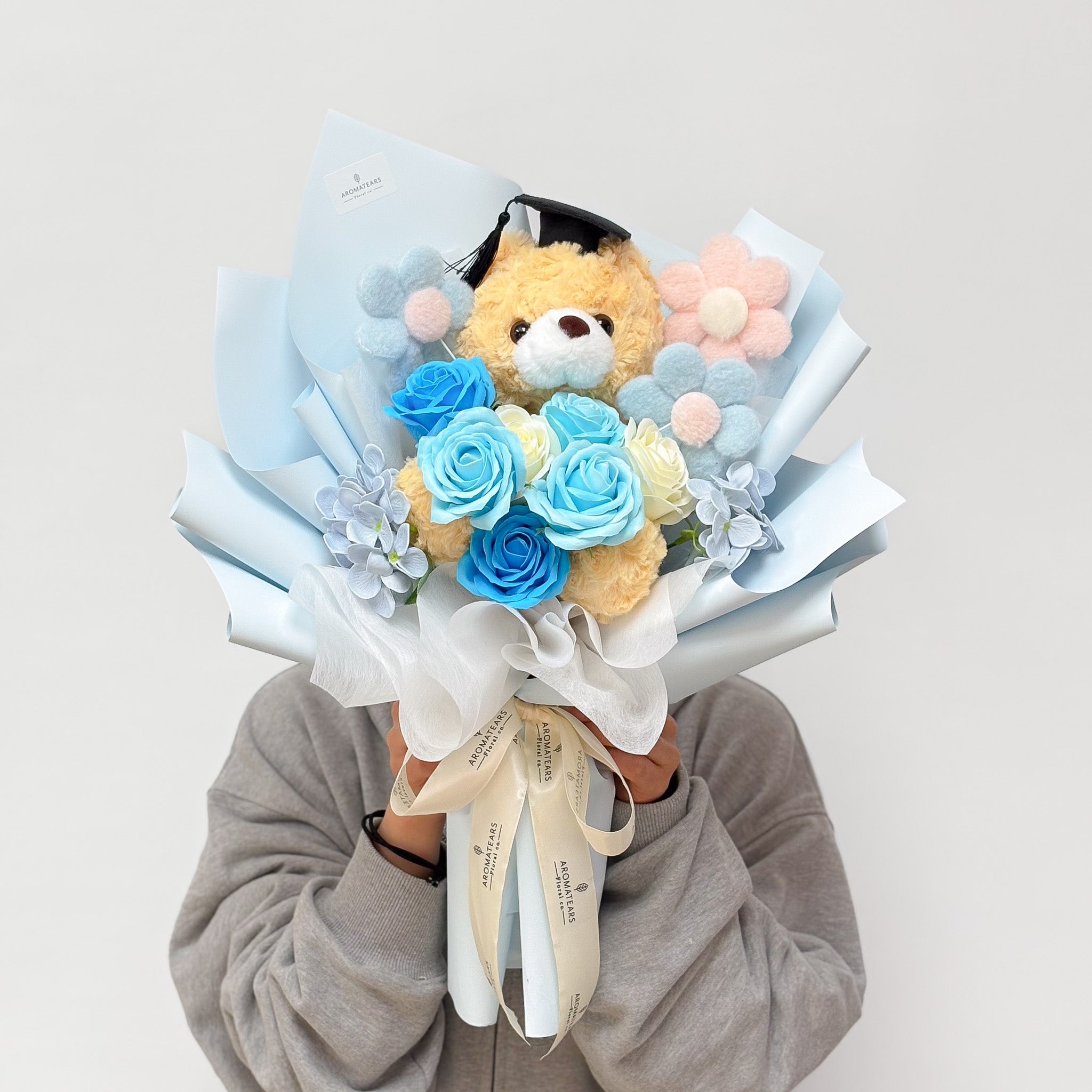 Graduation Special Soap Flowers Bouquet w/ Large Bear