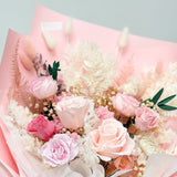 Close-up detail of premium preserved pink roses in Aromatears Vancouver signature bouquet