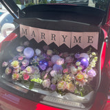 proposal decoration, Flower road, Flower road decoration, Artificial petals, LED candles, White table cover, Medium size bouquet 